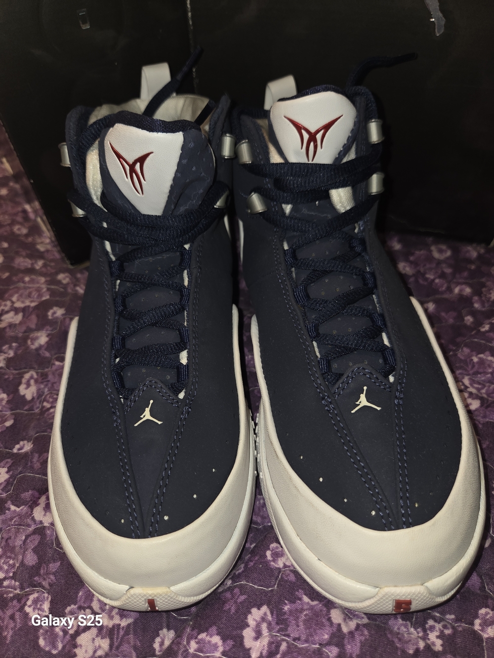 Jordan Kids Navy and White High-Top Sneakers with Red Logo